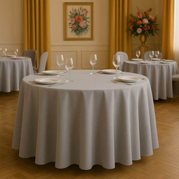 Duży okrągły obrus bankietowy szary matowy Elegance Style na stole