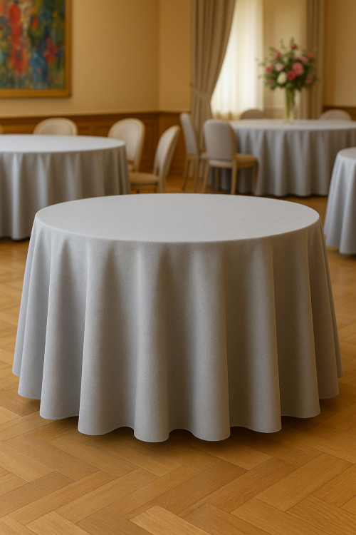 Duży okrągły obrus bankietowy szary matowy Elegance Style – widok zwisu na stole