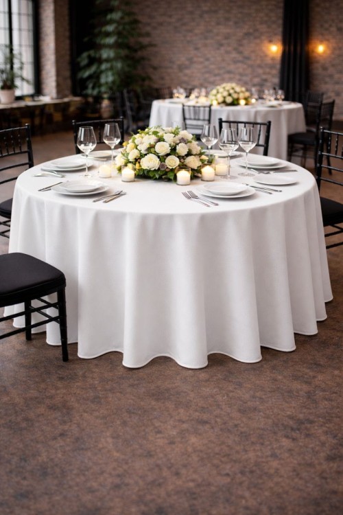 Duży okrągły obrus bankietowy biały matowy Elegance Style – widok zwisu na stole