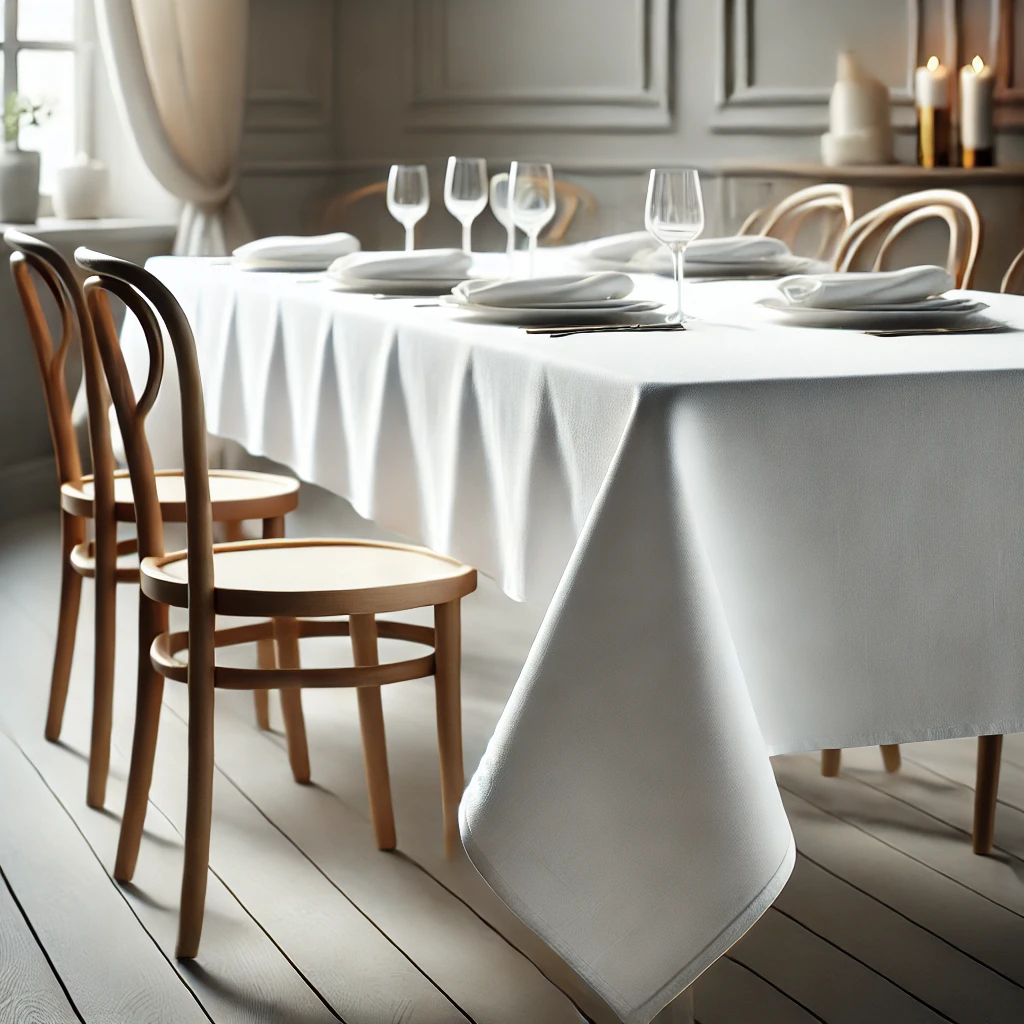 Biały bawełniany obrus na prostokątnym stole w eleganckiej restauracji